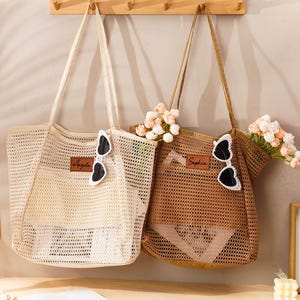 Personalized Beach Tote Bag: Sandproof Nylon Mesh,Leather Patch,Bridesmaid Gifts,Bachelorette Tote Bags