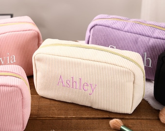 Borsa cosmetica in velluto a coste ricamata, borsa per il trucco personalizzata, regalo per damigella d'onore