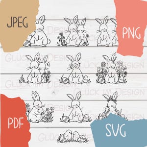 May include: Black and white line art illustrations of Easter bunnies in various poses, some with flowers, eggs, and glasses. The image includes the text "JPEG", "PNG", "PDF", and "SVG" in the corners.