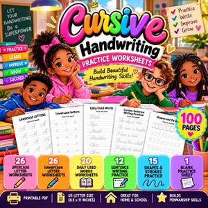 Cursive Handwriting Practice Worksheets, 100 Page Printable Workbook, Letter Tracing, Words & Sentences for Kids