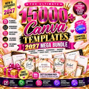 Peut inclure: Un ensemble de produits numériques intitulé 15000+ Canva Templates 2027 Mega Bundle comprenant des planificateurs, journaux, cahiers d'exercices et trackers. Le graphique inclut du texte rose et doré, des couvertures florales.