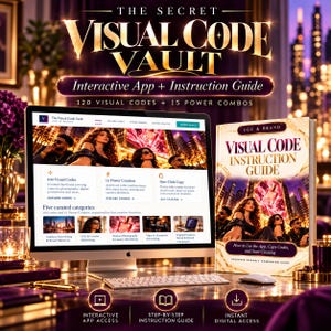 May include: A computer monitor displaying The Visual Code Vault website alongside a matching instruction guide book. The screen shows 120 visual codes and 15 power combos for content creation. The set includes interactive app access and a guide.