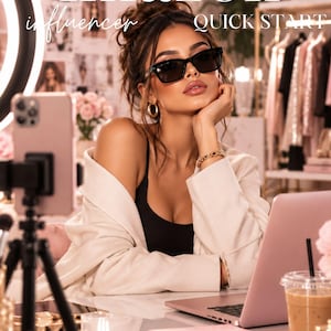 May include: A digital guide titled Amazon Influencer QUICK START featuring text that reads Everything You Need to Know About Getting Started, Creating Winning Product Review Videos & Navigating the Influencer Program, displayed with a smartphone.