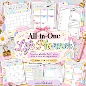 May include: A digital planner set featuring an All-in-One Life Planner title, including printable weekly, daily, meal, self-care, and cleaning templates. The pages display pastel grids, daisy icons, hearts, and rainbow graphics with gold binder clips and a pink pen.