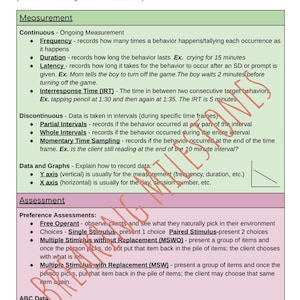 Puede incluir: Una guía de estudio titulada "RBT Competency Study Guide" con secciones sobre medición, evaluación y datos ABC. La guía incluye definiciones y ejemplos de varios conceptos de análisis de comportamiento, como frecuencia, duración y latencia.
