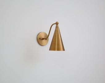Handcrafted Raw Brass Wall Sconce: Mid-Century Modern Cone Lamp, UL Listed