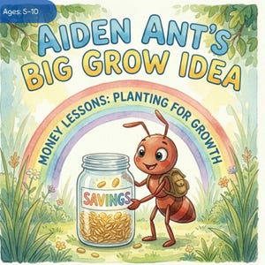 May include: A children's book cover titled Aiden Ant's Big Grow Idea, Money Lessons: Planting for Growth, featuring a cartoon ant with a backpack standing next to a glass jar labeled Savings filled with gold coins, set against a rainbow background.