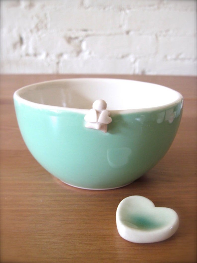 I Love Dad Angel Light Turquoise Green Bowl with love and red heart tag One of a kind Gift for Dad green heart cutlery rest.