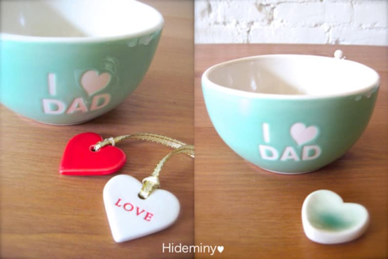 I Love Dad Angel Light Turquoise Green Bowl with love and red heart tag One of a kind Gift for Dad green heart cutlery rest.