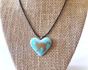 Gift for Cat Lover, Handmade Cat Necklace, Porcelain Blue Heart With Beautiful Gold Cat Pendant, Cat Lover Porcelain Jewelry, Gift for her