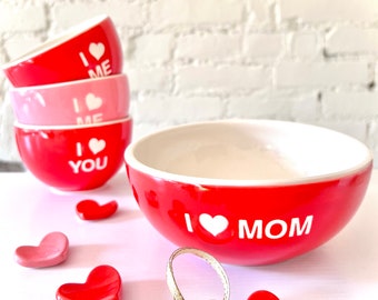 Gift for Mom, Handmade I Love Mom Porcelain Red Bowl and Heart Cutlery Rest with Heart Gift Tag Set, One-of-a-kind Lovely Mother’s Day Gift