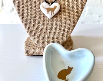 Gift for Cat Lover, Handmade Porcelain Heart Gold Cat Necklace with Heart Jewelry Dish Set, Ceramic Heart Cat Pendant and Jewelry Bowl