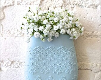 Blue Porcelain Flower Lace Hanging Wall Pocket, Ceramic Lace Wall Hanging Vase, Lace Pottery Vase, Wall Decor, Living With Flowers Everyday