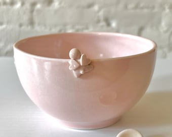 One of a kind Handmade Porcelain Happy Heart Clover and Little Angel Pink Bowl with Happy Egg Heart Cutlery Rest Set, Ceramic Baby Pink Bowl