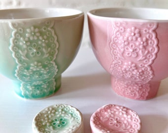 Handmade Lovely Gift Pair of Pink and Green Porcelain Lace Bowl with lace cutlery rests set, Ceramic Lace Bowl, Lace Pottery Bowl