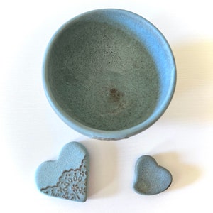 Handmade Ceramic Muted Blue Lace Bowl with Heart Lace Cutlery Rest and Heart Chopstick Rest Set, Mothers Day Gift, Valentines Day Gift image 9