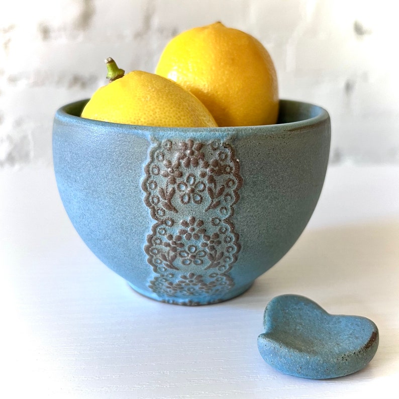 Handmade Ceramic Muted Blue Lace Bowl with Heart Lace Cutlery Rest and Heart Chopstick Rest Set, Mothers Day Gift, Valentines Day Gift image 2