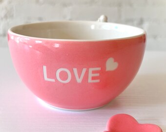 Handmade Porcelain Love Angel Pink Bowl, Love with heart hot pink angel bowl and heart cutlery rest set