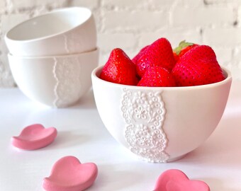 Handmade Lovely Porcelain Lace Bowl with Pink Heart Cutlery Rest Set, Ceramic Lace Bowl, Lace Pottery Bowl, Gift for Mom, Gift For Her