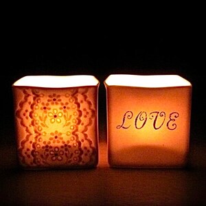 Handmade Porcelain Translucent Candle Holders, Ceramic Lace and Love Romantic Pair of Tea Light Votives, Lace Pottery Tealight Candle Holder image 1