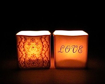 Handmade Porcelain Translucent Candle Holders, Ceramic Lace and Love Romantic Pair of Tea Light Votives, Lace Pottery Tealight Candle Holder