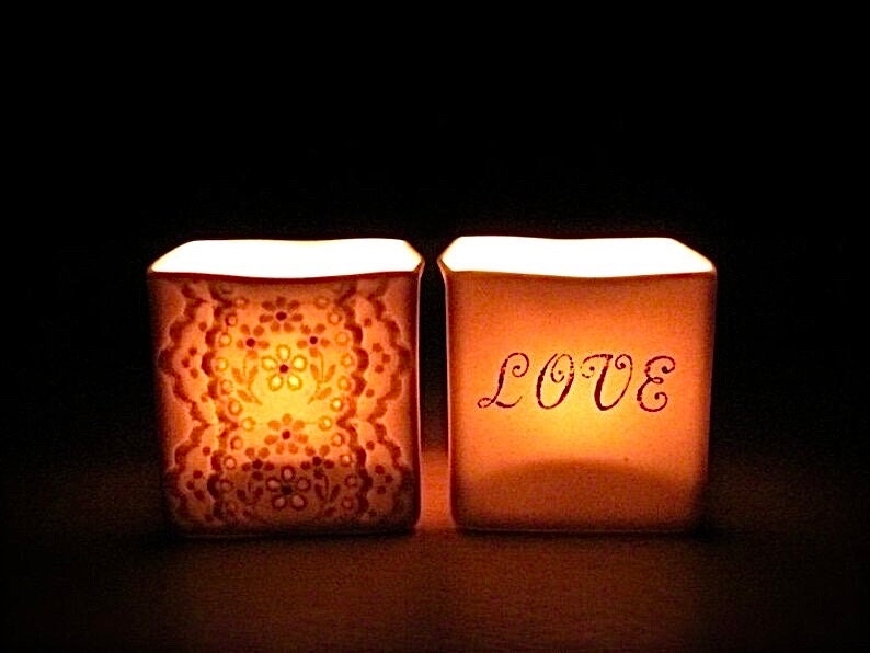 Handmade Porcelain Translucent Candle Holders, Ceramic Lace and Love Romantic Pair of Tea Light Votives, Lace Pottery Tealight Candle Holder image 1