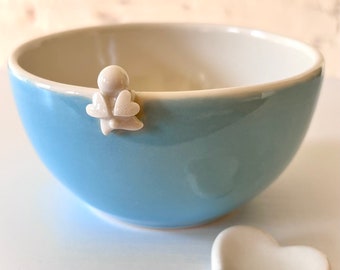 Handmade Blue Happy Angel Bowl with Heart Cutlery Rest Set, Porcelain blue bowl