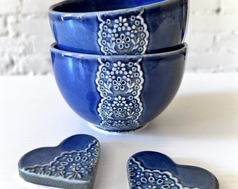 Midnight Blue Porcelain Lace Bowl with Heart Lace Cutlery Rest Set, Ceramic Lace Bowl, Lace Pottery Bowl with Free Gift