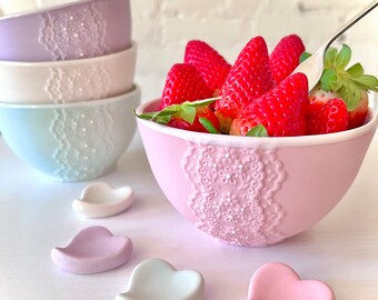 Handmade Pink Porcelain Lace Bowl with Heart Cutlery Rest Set, Ceramic Lace Bowl, Pottery Pink Bowl, Gift for Mom, Gift for Her, Lovely Bowl