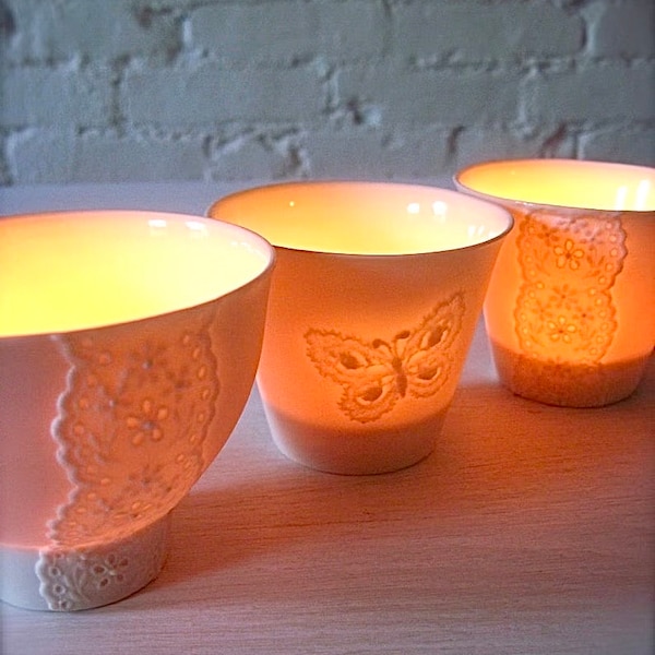 Handmade Porcelain Lace Butterfly Translucent Candle Holder in Lovely Gift Box, Ceramic Butterfly Lace Tealight Candle Holder, Votive