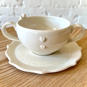 One of a kind, Handmade Angel Soup cup and  Saucer set, Lovely Little Angel Cup with Happy Egg , Porcelain Soup Bowl and Saucer with Hearts