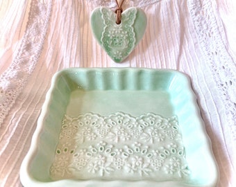 Handmade Porcelain light green Lace Jewelry Dish and Heart Lace Pendant Set, Good for Valentine’s Day Gift or for yourself