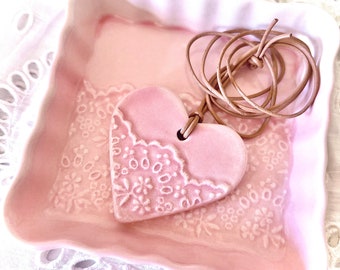 Handmade Porcelain Pink Lace Jewelry Dish and Heart Lace Pendant Set, Pink Wedding ring dish, Good for Valentine’s Day Gift or for yourself