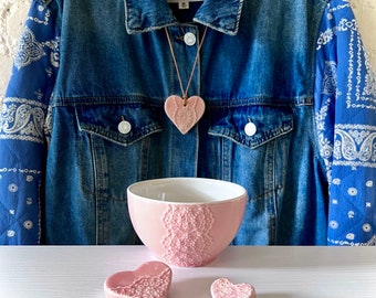 Handmade Pink Porcelain Lace Bowl and Heart Lace Pendant with Heart Lace Cutlery Rest Set, Good for Mothers Day, Valentines Day Gift