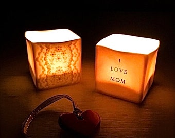 Gift for Mom, Handmade I Love Mom and Porcelain Lace Translucent Candle Holders with Red Heart Gift Tag, Lovely Gift for Mother’s Day