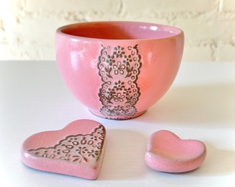 Handmade Ceramic Pink Lace Bowl with Heart Lace Cutlery Rest and Heart Chopstick Rest Set, Good for Mothers Day Gift, Valentines Day Gift