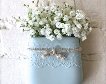 Pale Blue Porcelain Lace Hanging Wall Pocket, Wall Hanging Vase, Wall Decor, Living With Flowers Everyday