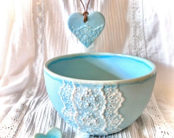 Handmade Blue Porcelain Lace Bowl and Heart Lace Pendant with Heart Cutlery Rest Set, Lovely Gift for Mom, Gift for Her or for Yourself