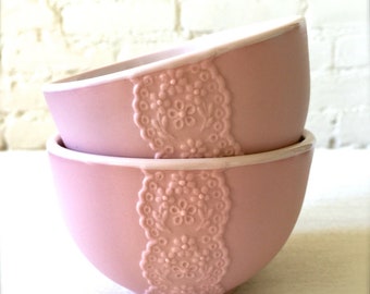 Handmade Pair of Lovely Pink Porcelain Lace Bowls, Ceramic Lace Bowl, Lace Pottery Bowl