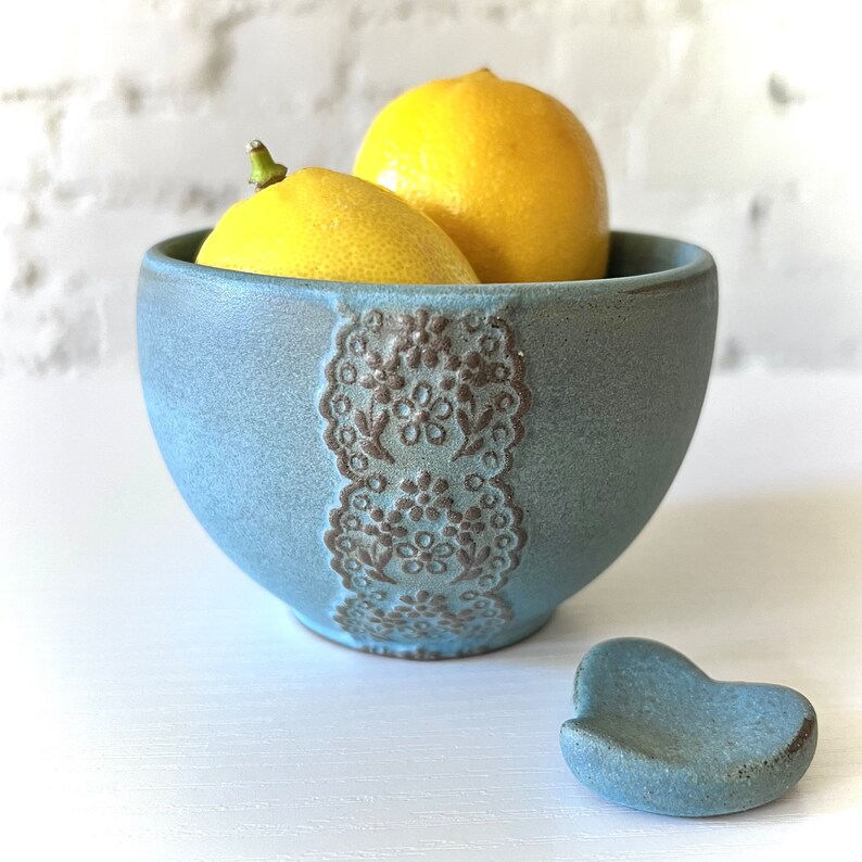 Handmade Ceramic Muted Blue Lace Bowl with Heart Lace Cutlery Rest and Heart Chopstick Rest Set, Mothers Day Gift, Valentines Day Gift image 6