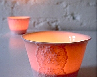 Handmade Pink Porcelain Lace Cup, Translucent Candle Holder, Baby Pink Ceramic Lace Tea Light Votives, Lace pottery Candle Holder