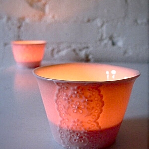 Handmade Pink Porcelain Lace Cup, Translucent Candle Holder, Baby Pink Ceramic Lace Tea Light Votives, Lace pottery Candle Holder