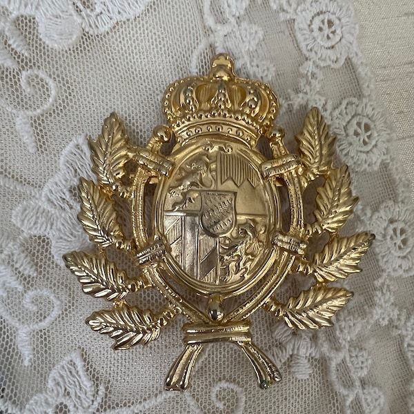 Vintage Raffine Gold Tone Crest Crown and Laurel Brooch, Large Statement Pin, Estate Jewelry