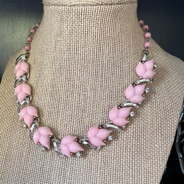 Vintage Signed  LISNER  Pink Lucite Leaf Choker Necklace, Estate Jewelry