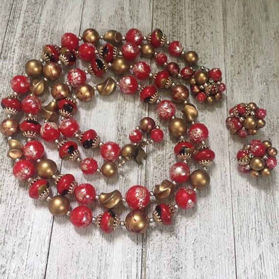 Vintage Mid Century Double Strand Necklace and Ma… - image 2