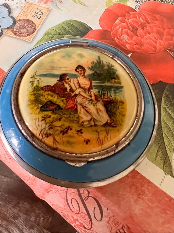 Vintage Blue Enamel Courting Couple  Round Powder… - image 8