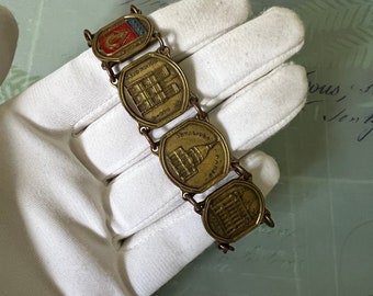 Vintage Paris Landmark Souvenir Link Bracelet, Brass and Metal Enamel Travel Jewelry, Eiffel Tower French Gift, 1950s
