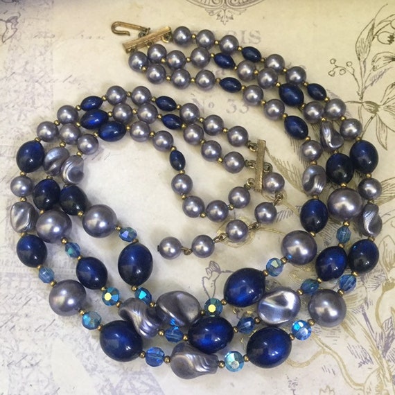 Vintage Multi Strand Blue Bead Choker, Mid Centur… - image 3