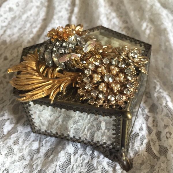 OOAK decorated Glass Jewelry Box, Jewel Emcrusted Trinket Box, Upcycled Glass Assemblage Box