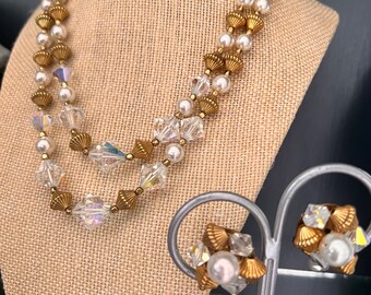 Vintage Faux Pearl Choker and Clip On Earrings Set, Aurora Borealis Crystals